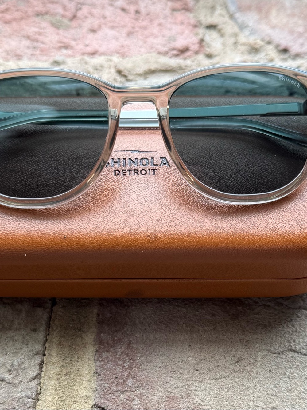 Shinola Translucent Frame Sunglasses with Green Lenses
